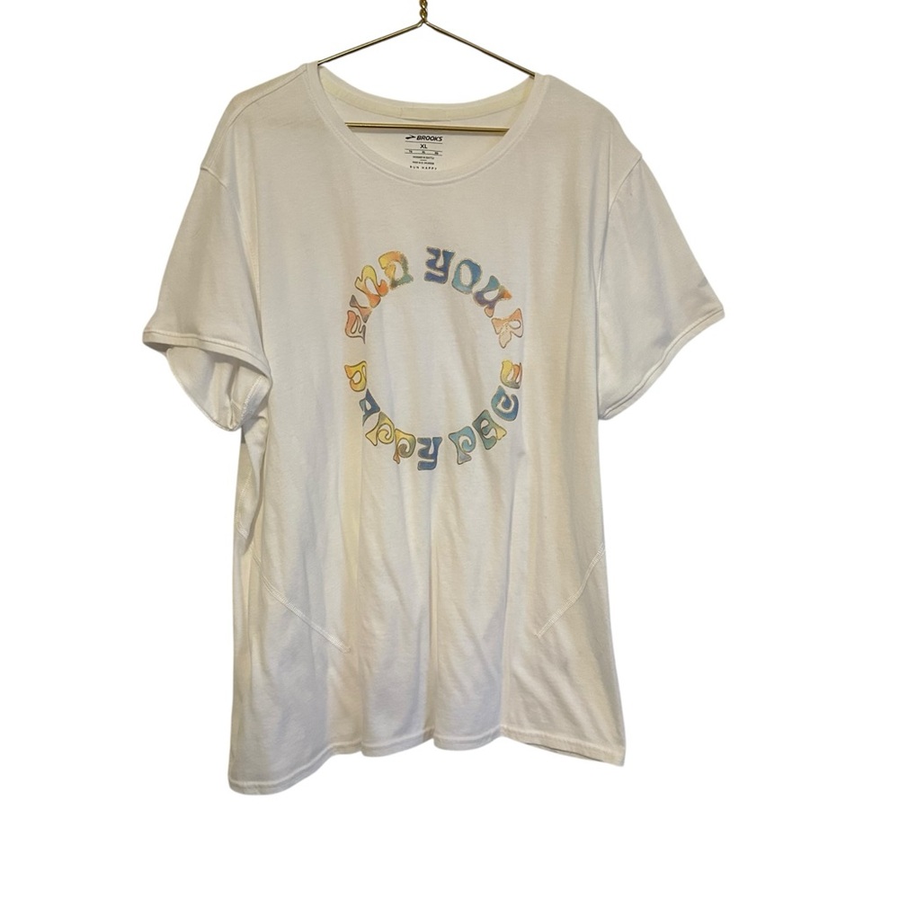 Brooks Women’s Distance Short Sleeve Tee Shirt White Find Your Happy Pace XL